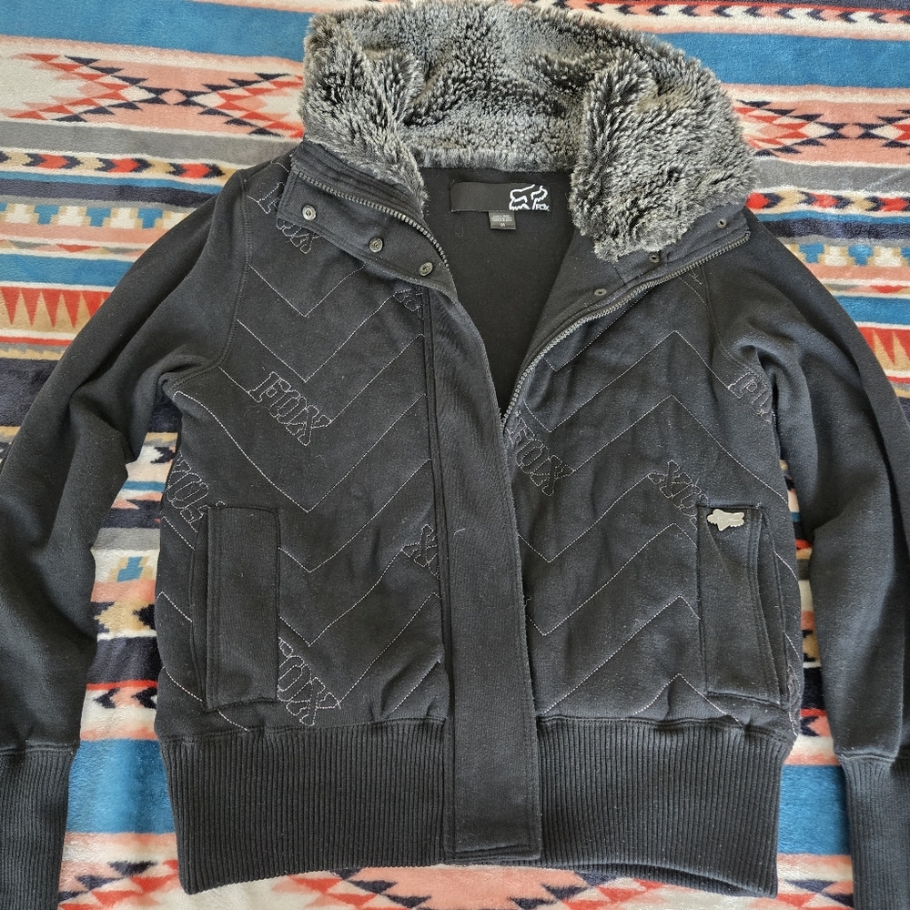 Fox Black Cardigan with Gray Faux Fur Collar